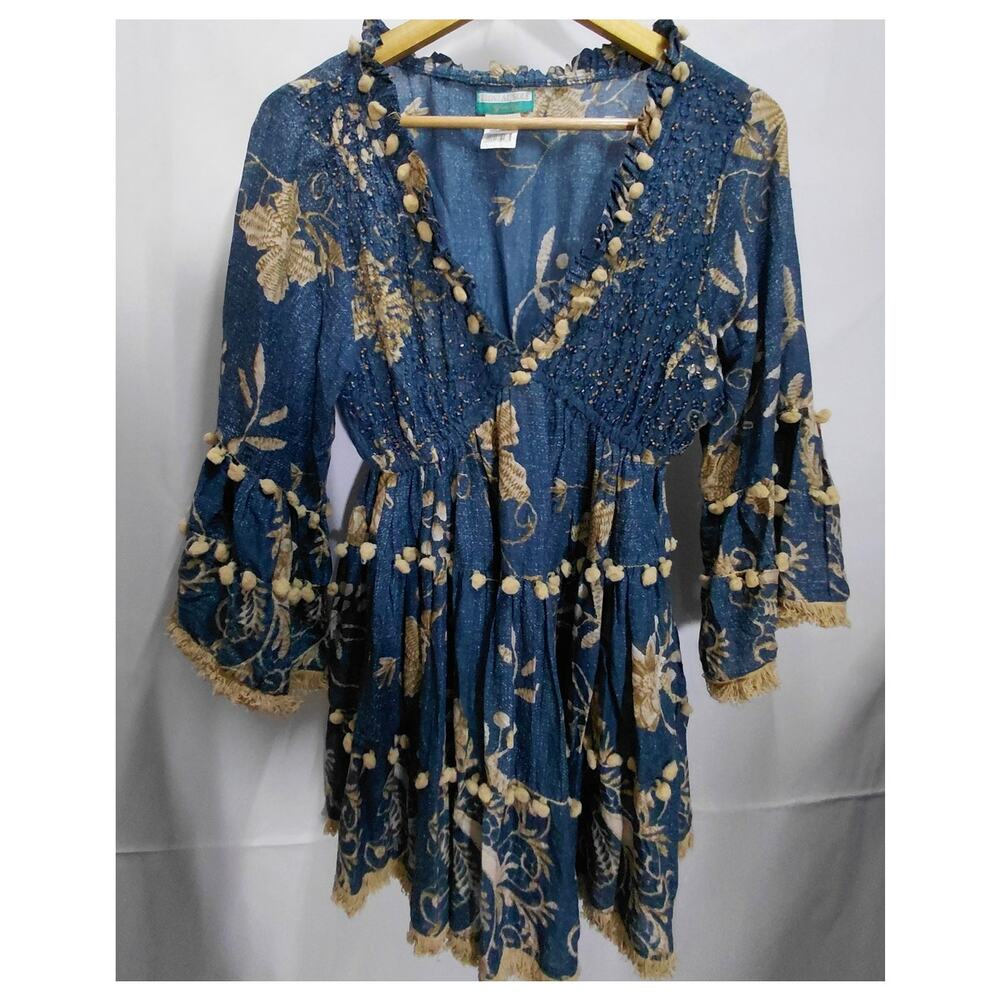LEONI AL SOLE Floral Cotton Tunic Blue Knit 3/4 Sleeve Size ONE SIZE